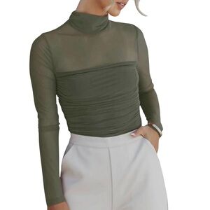 Reoria Sheer Mesh Bodysuit Sz S NWT Sage Green Ruched